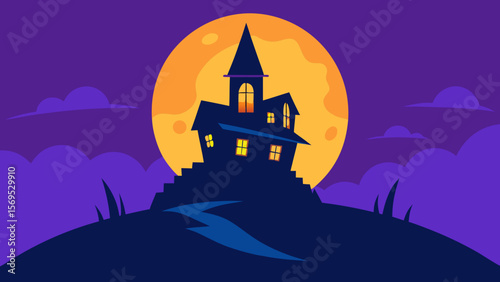 Whimsical crooked haunted house on a hill under a starry sky with a full moon