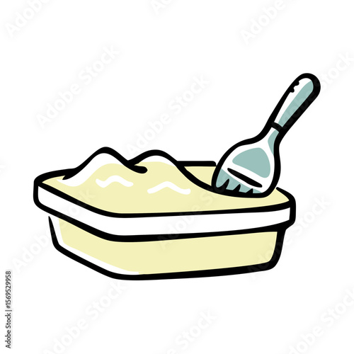 Container of butter with scoop on white background concept of icon  