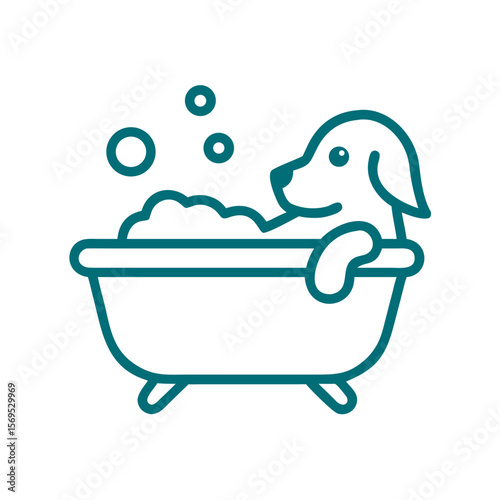 Dog taking a bath in a tub with bubbles concept of icon  