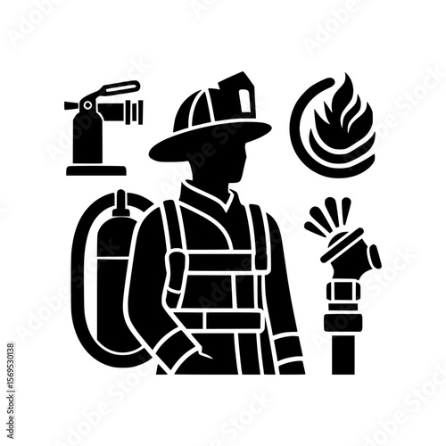 Firefighter safety icon equipment and flame symbol