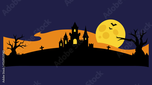 Wide Panoramic Banner of a Spooky Halloween Skyline with Bats