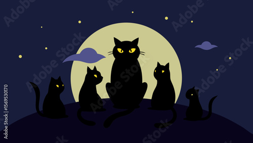 Mysterious Secret Meeting of Black Cats on Halloween Night