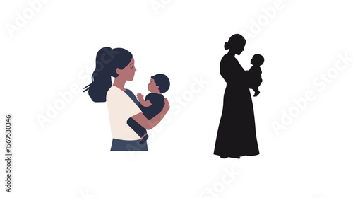 Silhouette of a mother holding her baby, minimalist and emotional vector illustration highlighting maternal love, bonding, and tenderness, perfect for themes of family, parenting, motherhood,