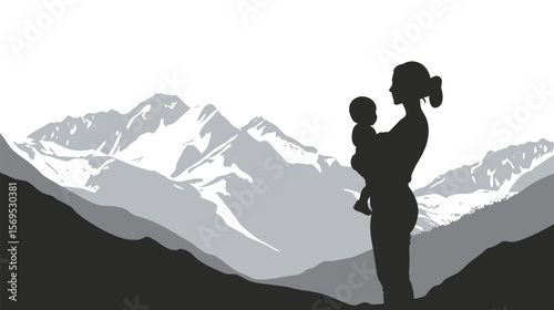 Silhouette of a mother holding her baby, minimalist and emotional vector illustration highlighting maternal love, bonding, and tenderness, perfect for themes of family, parenting, motherhood,