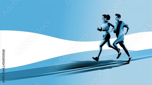 Modern flat illustration of a man and woman running side by side on an open road with motion lines, vivid colors, blue gradient background, and space for text, ideal for fitness content.
