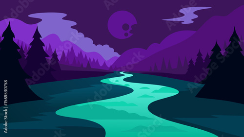A Spooky River Flows through a Dark Forest with Ghostly Faces in the Water