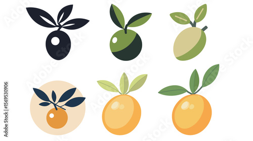Minimalist olive icon vector illustration featuring a clean and stylized olive fruit with leaf, ideal for food, Mediterranean cuisine, organic product labels, and botanical themes in modern flat 