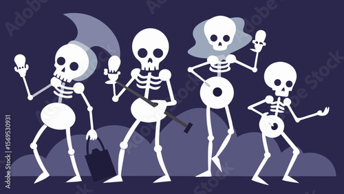 A Lively Group of Skeletons Enjoy a Graveyard Party Under the Full Moon Illustration