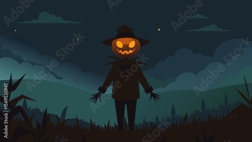 A Spooky Scarecrow with a Glowing Pumpkin Head Stands Guard in a Dark Cornfield