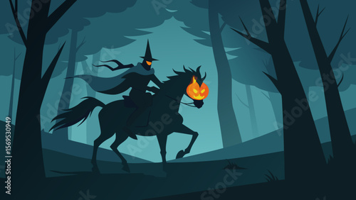 The Headless Horseman Rides Through a Dark Foggy Forest on a Spooky Night Vector