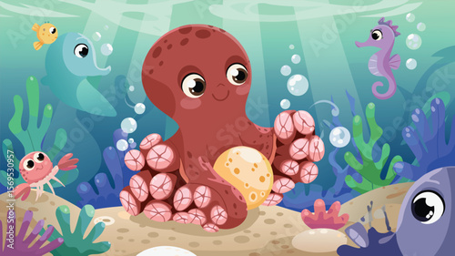 Cartoon Underwater Playful Octopus with Sea Creatures, Bubbles, Coral, and Sandy Ocean Floor