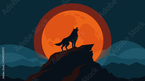 A Howling Werewolf Silhouette Atop a Rocky Crag Underneath the Full Moon Illustration