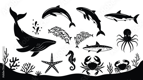 Silhouette Ocean Life Illustration Whale, Dolphins, Sharks, Octopus, Seahorse, Starfish, Crabs, and School of Fish