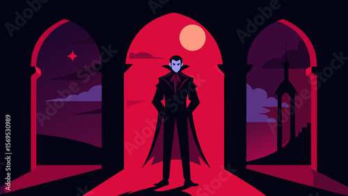 An Elegant Vampire Looms Against a Gothic Archway in this Spooky Vector Illustration