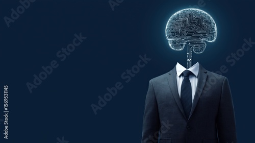 Futuristic businessman with digital brain – artificial intelligence and human-machine integration in leadership, innovation, and advanced decision-making

․