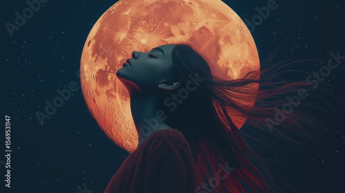 Mystical Woman Facing the Blood Moon – Divine Feminine and Cosmic Connection.