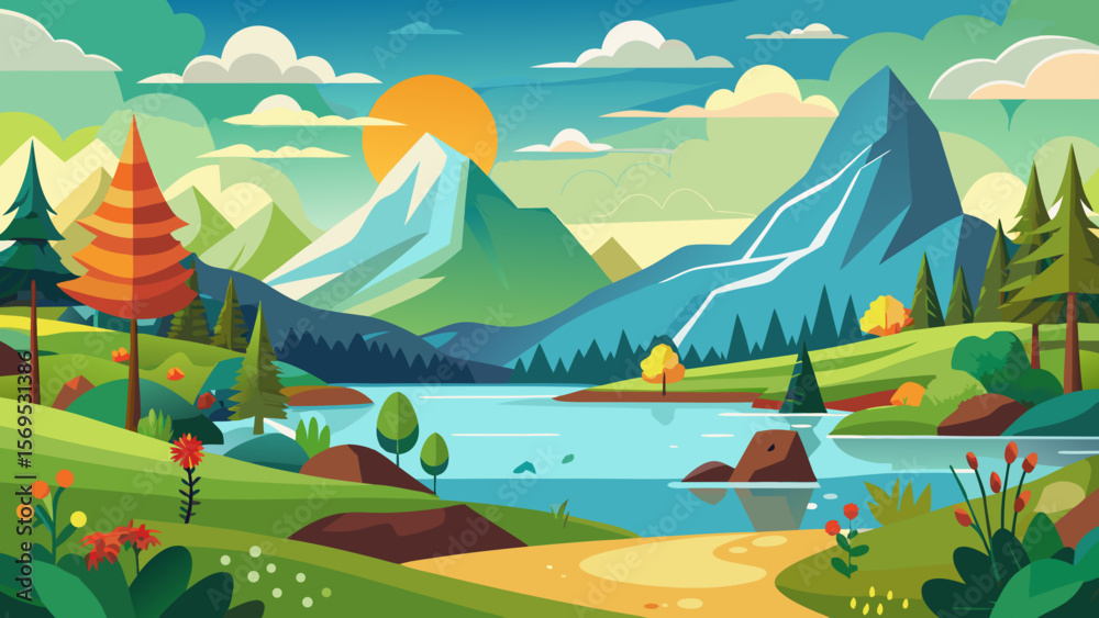 Obraz premium summer landscape with lake and mountains
