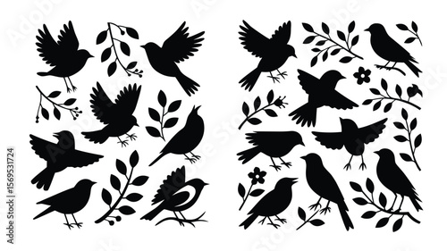 Black Silhouette of Birds, Branches, and Flowers on White Background Design