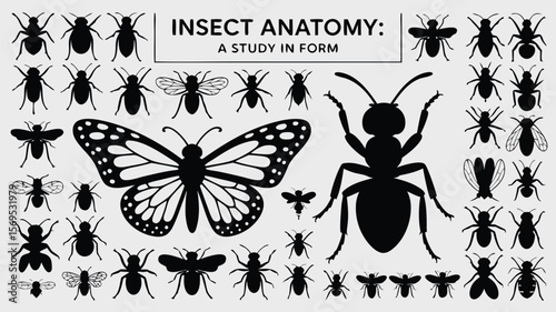 Insect Anatomy Study Black Silhouettes of Ants, Butterflies, Bees, and Beetles on Grey Background