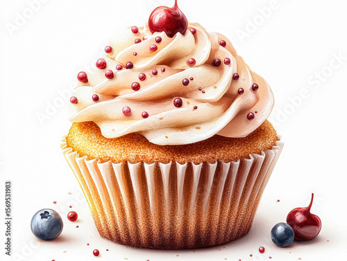 Cupcake with frosting and berries on top. The frosting is white and the berries are red
