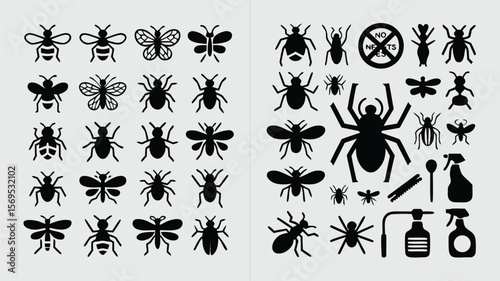 Black Silhouettes of Insects, Spiders, and Pest Control Equipment on a Light Background