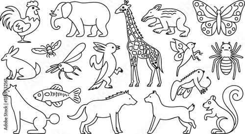 Black and White Line Art of Animals Chicken, Elephant, Giraffe, and Other Creatures