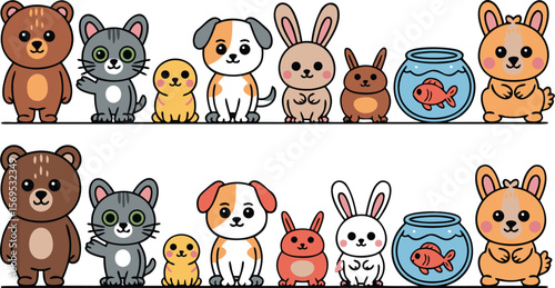 Cartoon Animal Border with Bear, Cat, Dog, Chick, Rabbits, and Goldfish Bowl Illustration on White Background