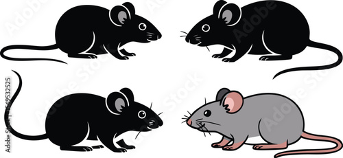 Illustration of Four Mice, Three Black and One Gray, Isolated on White Background