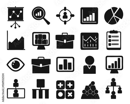 Comprehensive business growth and management symbol collection featuring charts analysis and operational elements in a professional color palette for diverse applications