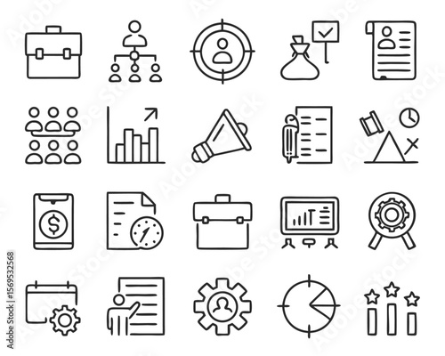 Comprehensive collection of thin line graphical elements representing various aspects of business operations and management strategies for digital presentations and professional branding