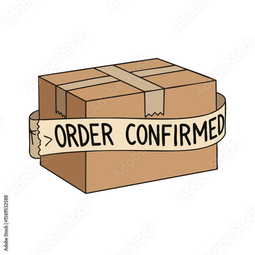 Parcel with Decorative Tape Forming “Order Confirmed”, Flat Vector Symbol