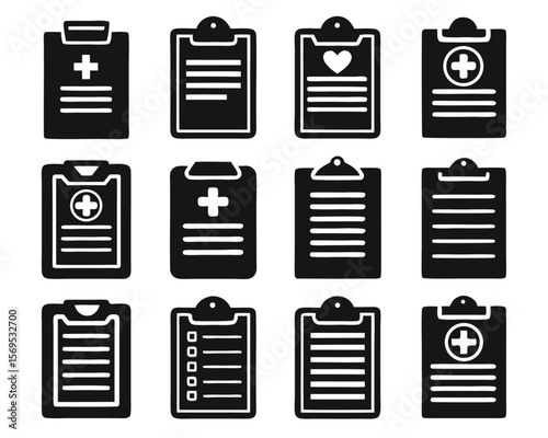 Clean outline symbol representing a medical clipboard with a document suitable for healthcare applications and digital interfaces presented in a professional graphic