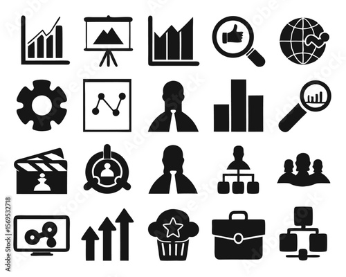 Comprehensive collection of business management icons showcasing growth charts analytics and operational elements in a versatile design format suitable for presentations and digital interfaces