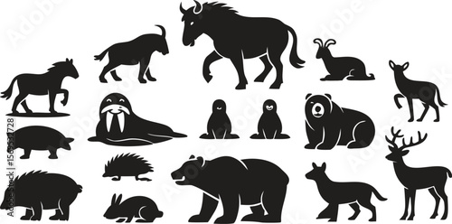 Group of Black Silhouette Animals Including Bear, Deer, Walrus, Penguins, Horse, Pig and More