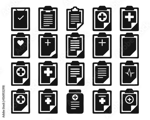 Outline symbol representing a medical clipboard with a document signifying healthcare record keeping and patient documentation in a clean modern graphic