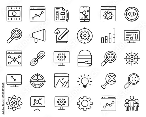 Comprehensive collection of thirty distinct clean line art symbols representing various aspects of business efficiency process improvement and strategic enhancement for digital interfaces