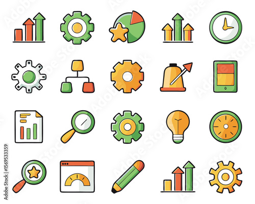 A comprehensive collection of thirty distinct line art symbols representing various aspects of business process enhancement and efficiency improvements