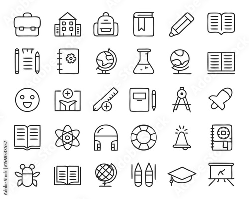 Comprehensive collection of forty distinct line style symbols representing education learning and academic concepts for modern digital interfaces and presentations