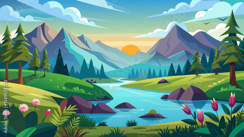 Serene mountain landscape with winding river and vibrant sunrise sky