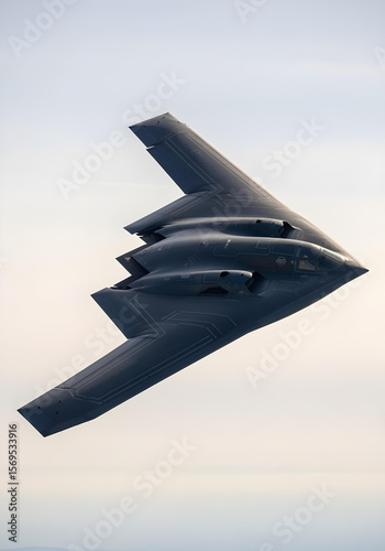 B-2 stealth bomber flies against pale sky, wide-angle view