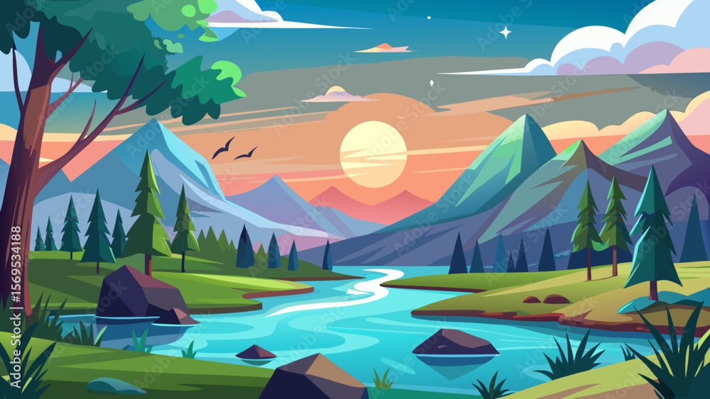 Obraz premium Serene mountain landscape with a winding river at sunset with colorful sky