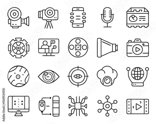 Comprehensive collection of stylized symbols representing artificial intelligence creation processes for generating visual media audio content and digital art