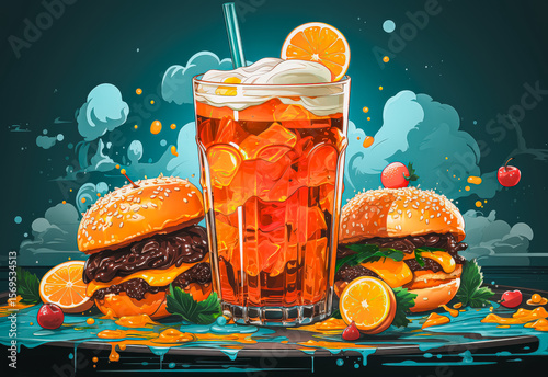 Burger and a glass of orange juice are on a table. The image has a casual and relaxed mood, as it depicts a simple meal that can be enjoyed by anyone