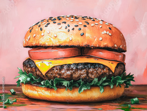 Hamburger with cheese and tomatoes on top. The burger is on a table and the table is pink