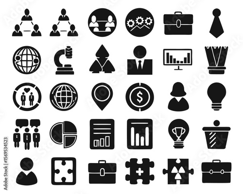 Comprehensive collection of business development elements including startup planning financial review processes and team member representations in a professional color palette