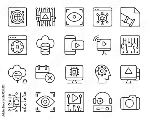 Comprehensive collection of stylized symbols representing artificial intelligence creation of visual media audio production and digital content generation processes