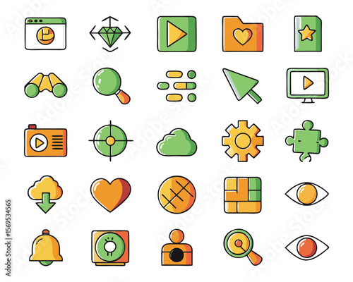 Comprehensive collection of creative icons representing artificial intelligence encompassing content generation for visuals audio and digital media production