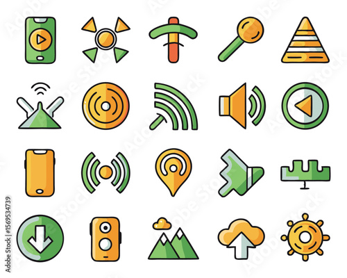 Comprehensive collection of wireless communication symbols featuring a clean modern aesthetic in black yellow cyan and magenta hues for diverse digital applications