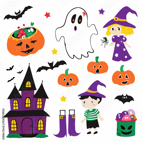 This cartoon vector set features spooky Halloween icons like pumpkins, bats, ghosts, witches, and spiders, perfect for autumn holiday designs and celebrations