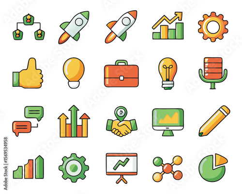 Collection of minimalist line graphics representing business concepts including launch growth and operational elements presented in a clean modern style with vibrant color accents